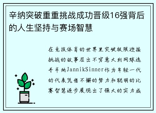 辛纳突破重重挑战成功晋级16强背后的人生坚持与赛场智慧